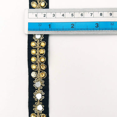Black Art Silk Trim With Kundan Stones, Beads And Mirrors Embellishments, Approx. 22mm